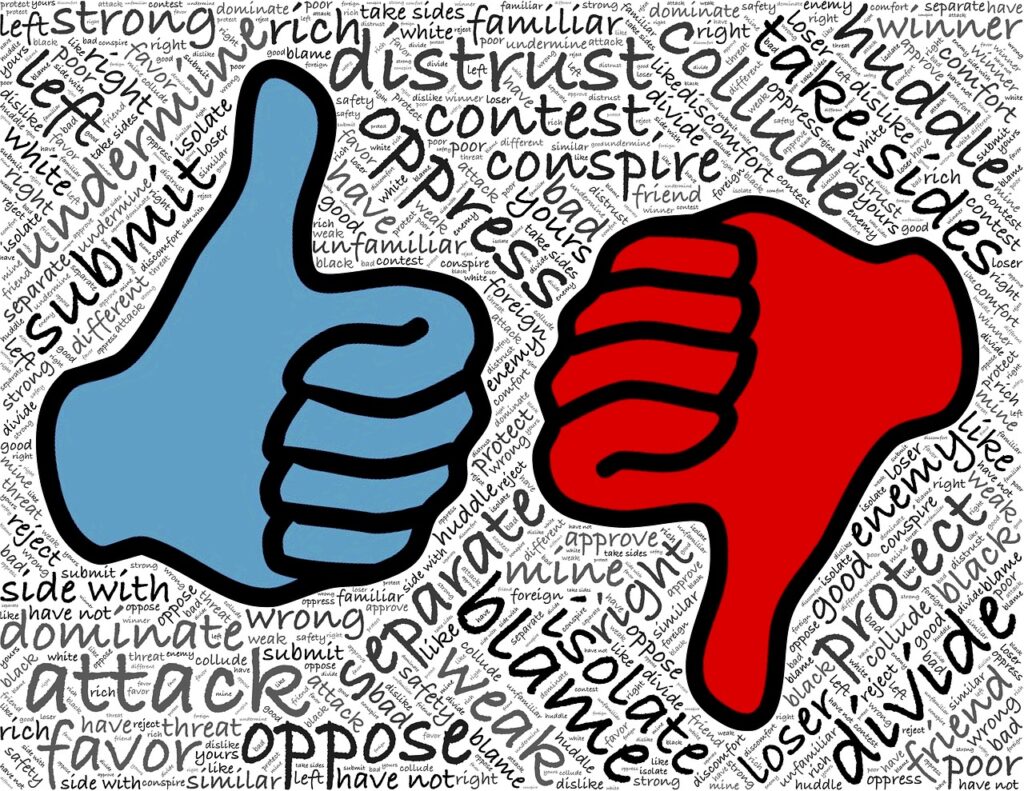 Drawing of two hands, one blue and one red, with mostly negative words in the background