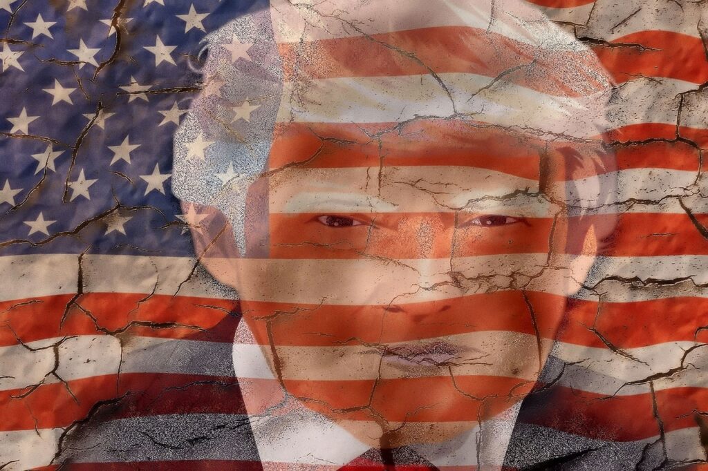 Picture of Donald Trump blended into a picture of the American flag