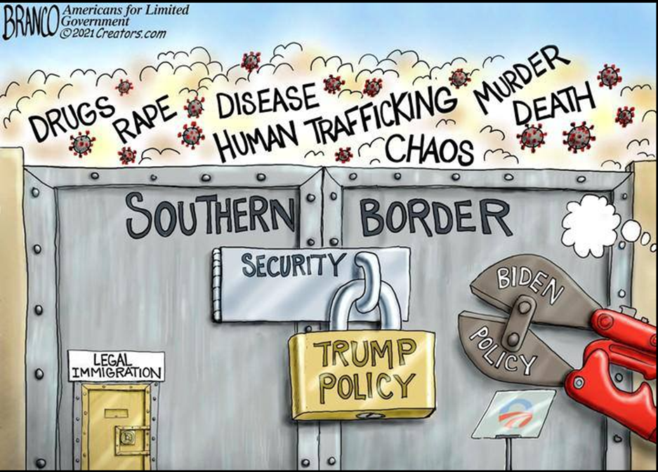 Drawing of a locked border gate with terrible problems on the other side being cut open with bolt-cutters labeled with Biden's name. 