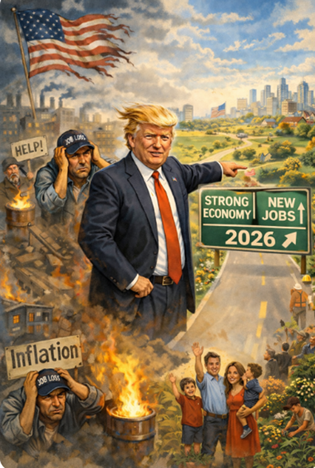 Picture depicting economic hardship in the foreground, with President Trump in the middle pointing to a prosperous conditions in the background. 